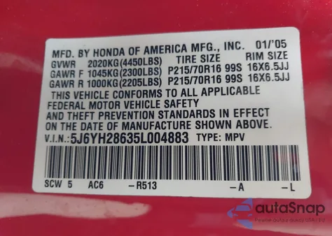 2005 Honda Element Ex z USA, uszkodzony, nr VIN 5J6YH28635L004883